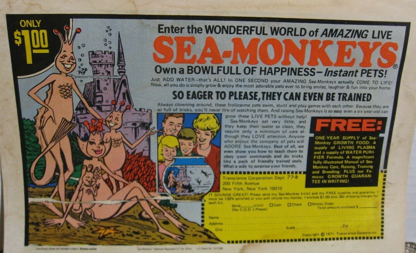 An earlier 1970 Sea-Monkeys comic book ad. Not much changed in the ad 8 years later. Source is an Ebay listing with free usage rights.