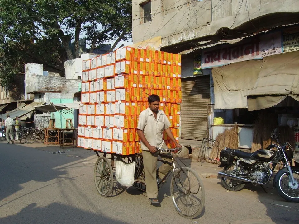 Someone with a lot of work ethic hauling a huge load with just a bike. Image courtesy of wikimedia.org.